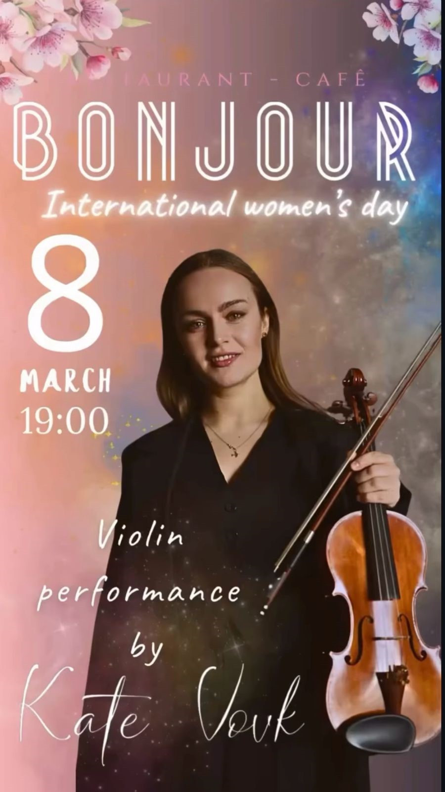 8 Mart Kate Vovk'un viyolonsel performansı Bonjour Restaurant'ta