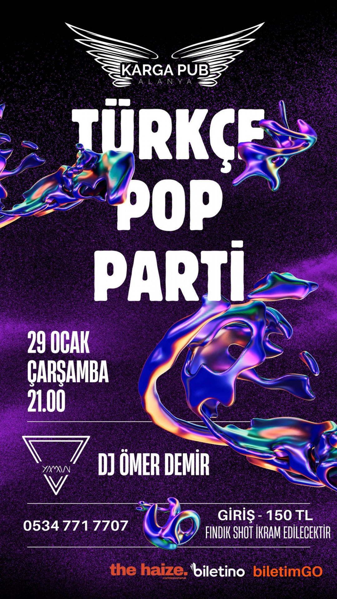 29 Ocak Türkçe Pop Partisi Karga Pub Alanya'da